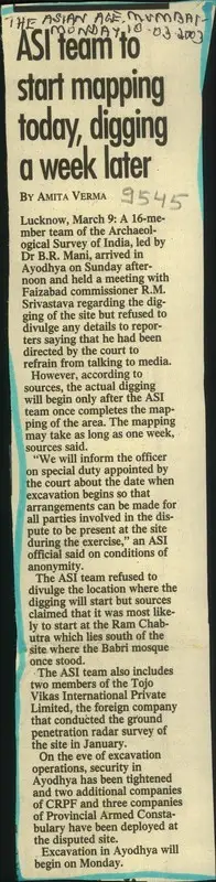 Amita Verma (Reporter), ASI Team to start Mapping today, Digging a week later, 2003, Newspaper Clipping