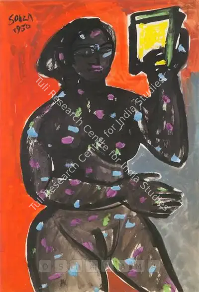 F.N. Souza (Artist), Untitled (Standing Nude Holding Mirror), 1950, Painting