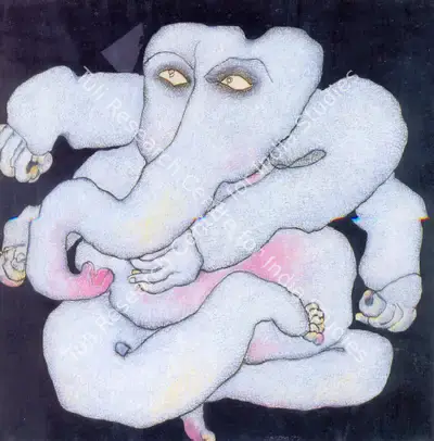 Chowdhury, Jogen (Artist). Ganesha. Pen and ink and coloured chalks on paper, 1977 | Drawing | FineArts | 00372501