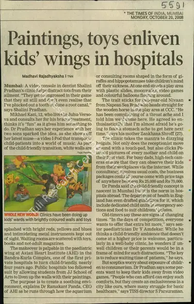 Madhavi Rajadhyaksha (Reporter), Paintings, Toys Enliven Kids' Wings in Hositals, 2008, Newspaper Clipping