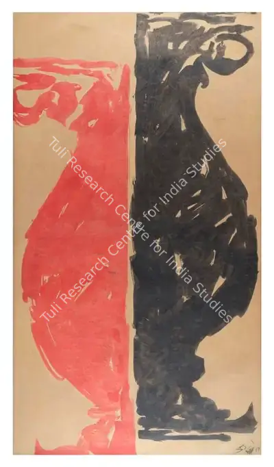 M.F. Husain (Artist), Untitled (Red and black vase), 1960, Painting
