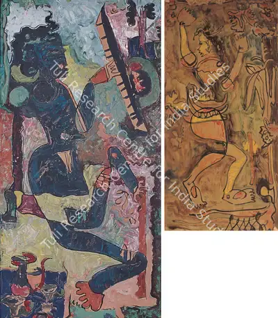 Mohan Samant (Artist), Woman With Sitar (Double-Sided Painting), 1954, Painting