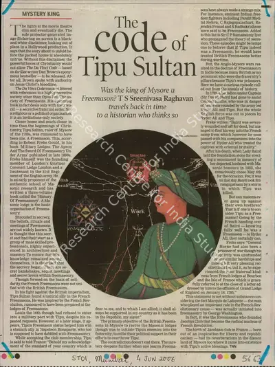 T.S. Sreenivasa Raghavan (Reporter), The Code of Tipu Sultan, 2006, Newspaper Clipping