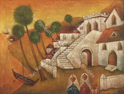 A.A. Raiba (Artist), Untitled (Villagers and buildings on a sea shore), 1993, Painting