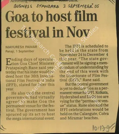 Mayuresh Pawar (Reporter), Goa to Host Film Festival in Nov, 2005, Newspaper Clipping