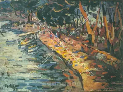 K.K. Hebbar (Artist), The River Bank, 1952, Painting