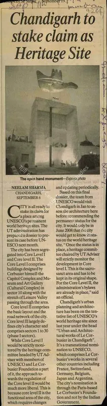 Neelam Sharma (Writer), Chandigarh to Stake Claim as Heritage Site, 2007, Newspaper Clipping