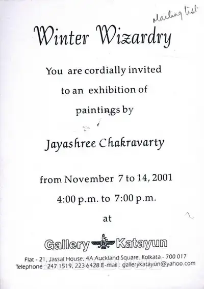 Jayashree Chakravarty (Artist), Jayashree Chakravarty, 2001, Solo Exhibition Invitation