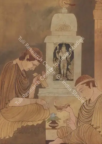 A.K. Haldar (Artist), Conversion of Greek Heliodoros to the Hindu religion of Vaishnavism, 1952, Painting