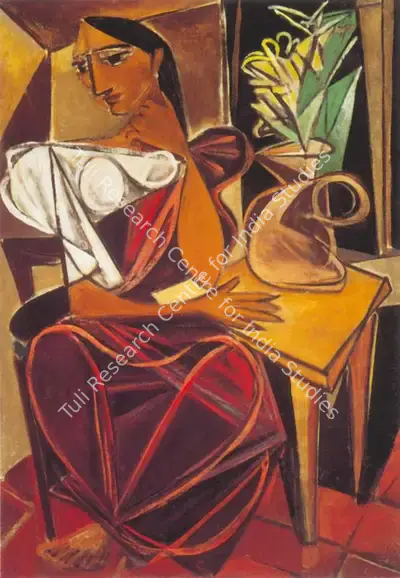 Keyt, George (Artist). Seated Woman with Flowers. Oil on canvas, 1946 | Painting | FineArts | 00373644