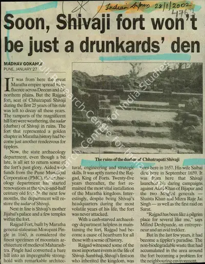 Madhav Gokahle (Reporter), Soon, Shivaji Fort won't be just a Drunkards'den, 2002, Newspaper Clipping