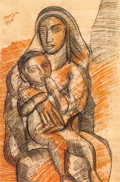 F.N. Souza (Artist), Mother And Child, 1950, Painting