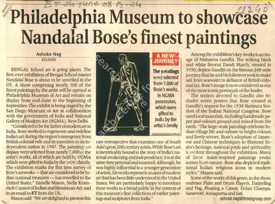 Ashoke Nag (Writer), Philadelphia Museum to Showcase Nandalal Bose's Finest Paintings, 2008, Newspaper clipping