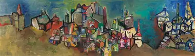 Bakre, S.K. (Artist). Untitled (Cityscape). Oil on board, 1963 | Painting | FineArts | 00334514