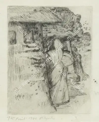 Nandalal Bose (Artist), Untitled (Woman with Huts), 1946, Print