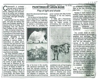 Rajesh Bali (Writer), Paintings By Arun Bose Play of Light and Shade, 1992, Newspaper clipping