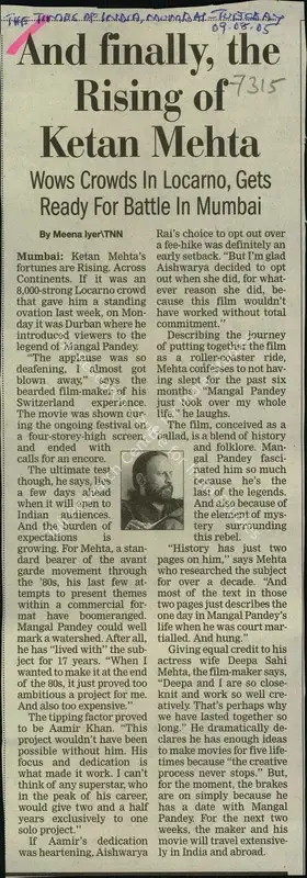 Meena Lyer (Reporter), And Finally, the Rising of Ketan Mehta, 2005, Newspaper Clipping