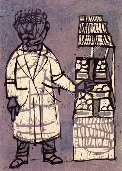 Subramanyan, K.G. (Artist). Man with Fruit Cart. Colour Linocut, 1956 | K.G. Subramanyan, 2003 | Graphic Art | FineArts | 00566323