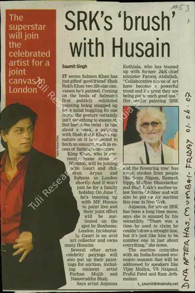 Vipin Pawar (Reporter), SRK's 'Brush' with Husain, 2007, Newspaper Clipping