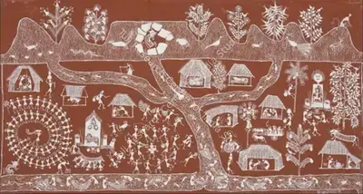 Jivya Soma Mashe (Artist), Untitled (The Catching Dance) (Warli Painting), Painting