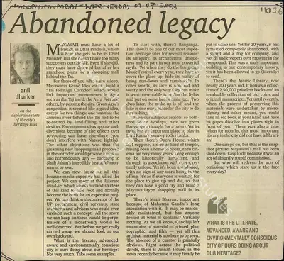 Anil Dharker (Reporter), Abandoned Legacy, 2003, Newspaper Clipping