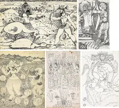 Sunil Madhav Sen (Artist), Ramayana Series: Rama Bending Bow, 1974, Drawing
