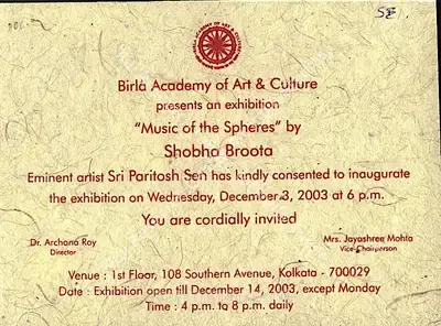 Shobha Broota (Artist), Music of the Spheres, 2003, Solo Exhibition Invitation