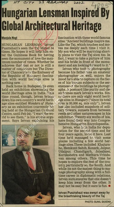Manjula Negi (Reporter), Hungarian Lensman Inspired By Global Architectural Heritage, 2002, Newspaper Clipping