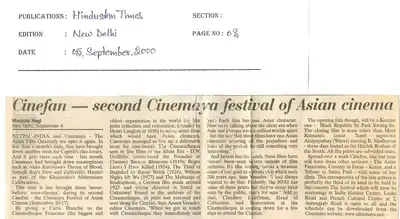 Manjula Negi (Reporter), Cinefan - second Cinemaya festival of Asian cinema, 2000, Newspaper Clipping
