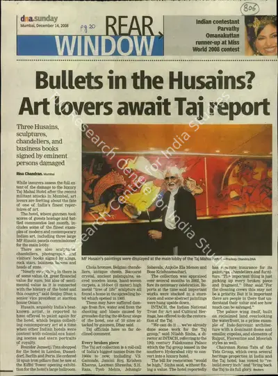 Rina Chandran (Reporter), Bullets in the Husains? Art lovers Await Taj Report, 2008, Newspaper Clipping