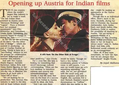 Anjali Malhotra (Writer), Opening up Austria for Indian films, 2003, Newspaper Clipping