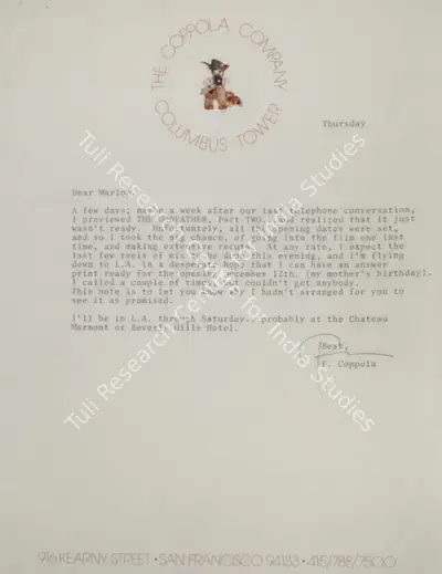Francis Ford Coppola (Producer), The Godfather Part II, 1974, Signed Letter
