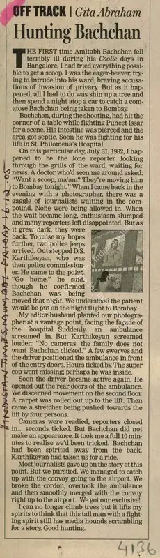 Gita Abraham (Reporter), Hunting Bachchan, 2005, Newspaper Clipping
