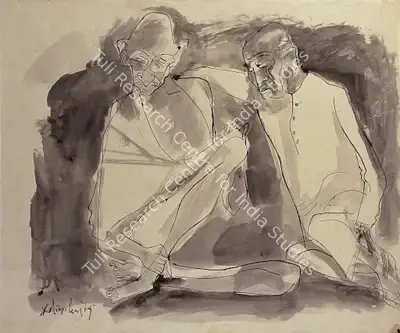 K.M. Adimoolam (Artist), Gandhiji With Sardar Patel, 1969, Drawing