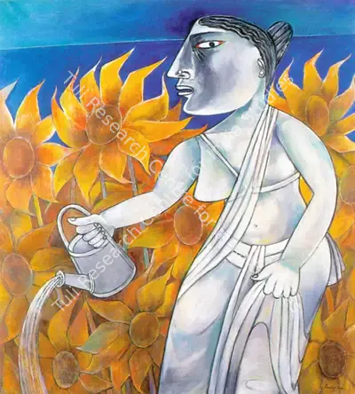 Sen, Paritosh (Artist). Watering the Sunflower Plants. Acrylic on canvas, 1991 | Painting | FineArts | 00374574