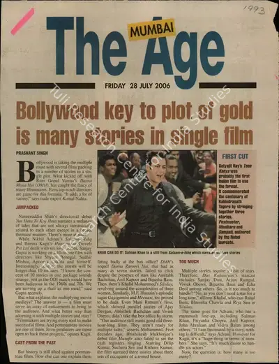 Prashant Singh (Reporter), Bollywood key to plot of gold is many stories in single film, 2006, Newspaper Clipping