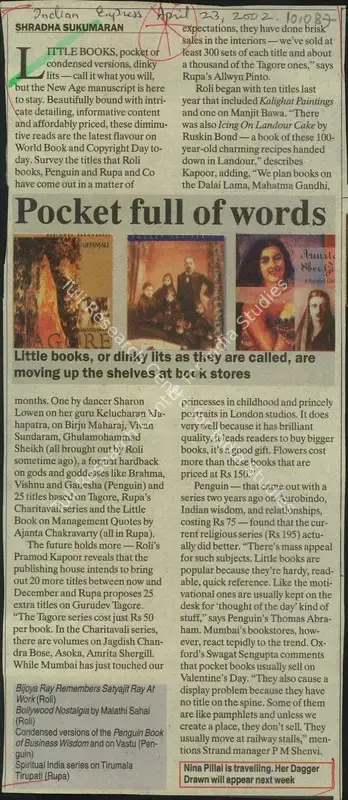Shradha Sukumaran (Reporter), Pocket full of words, 2002, Newspaper Clipping
