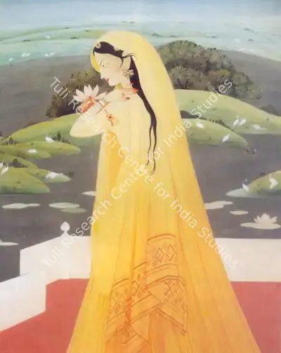 Chughtai, M.A.R. (Artist). A Woman holding a Lotus on a Terrace, n.d. | Painting, So.Lon/08.05.97