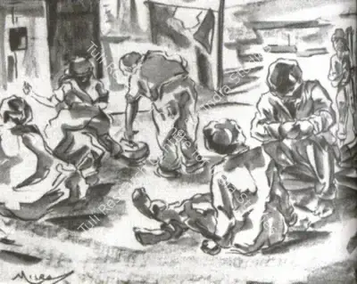 Hemanta Misra (Artist), On the Courtyard, Drawing