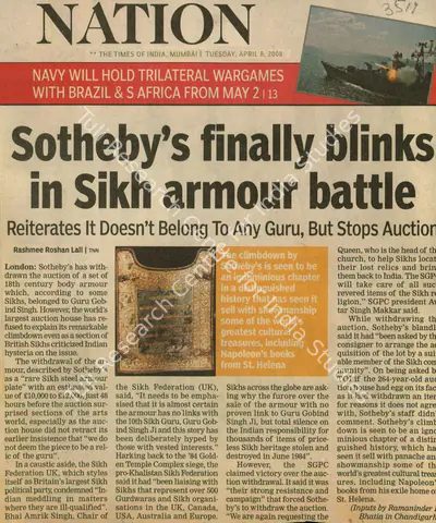 Rashmee Roshan Lall (Reporter), Sotheby's Finally Blinks in Sikh Armour Battle, 2008, Newspaper Clipping