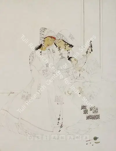 M.A.R. Chughtai (Artist), Two Maidens And A Child, Painting