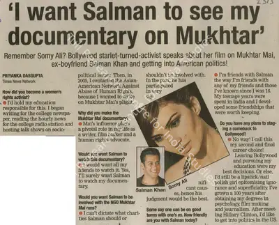 Priyanka Dasgupta (Reporter), I Want Salman to See My Documentary On Mukhtar, 2006, Newspaper Clipping