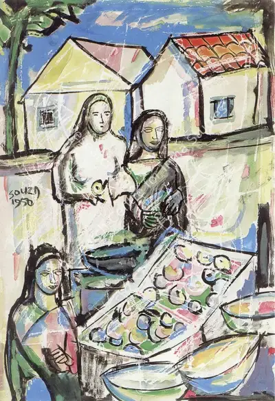 F.N. Souza (Artist), Market Scene, 1950, Painting