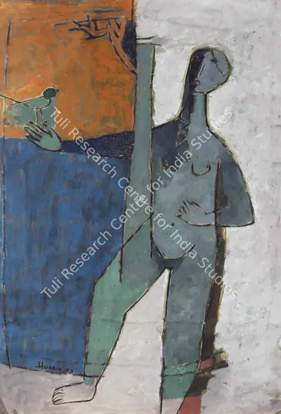 M.F. Husain (Artist), Untitled (Girl with Bird) , 1953, Painting