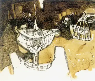 Ganesh Pyne (Artist), Crossing The Fountain, 1976, Drawing