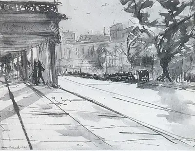 Bikash Bhattacharjee (Artist), Calcutta Street Scene, 1960, Painting