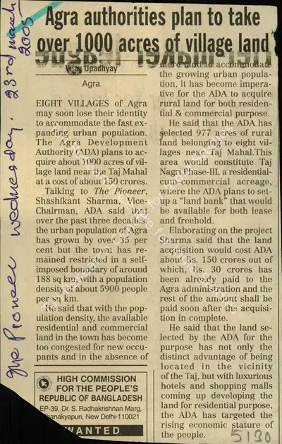 Vijay Upadhyay (Reporter), Agra Authorities Plan to Take Over 1000 Acres off Village land, 2005, Newspaper Clipping