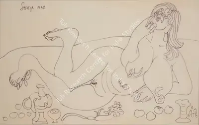 F.N. Souza (Artist), Reclining Nude, 1968, Drawing