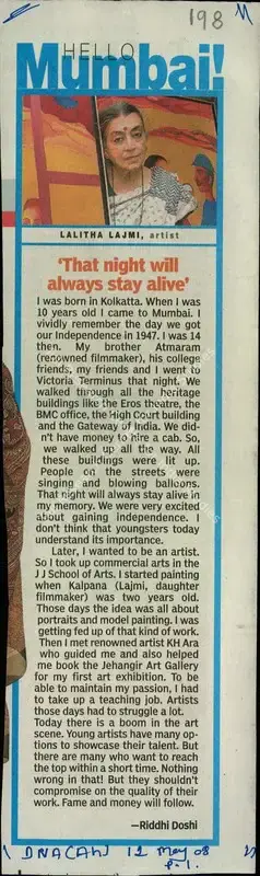 Riddhi Doshi (Reporter), That Night Will Always Stay Alive, 2008, Newspaper Clipping