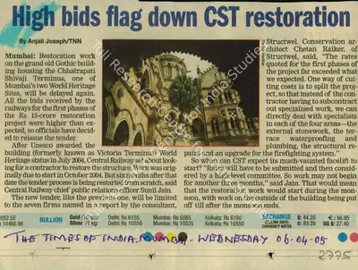 Anjali Joseph (Reporter), High Bids Flag Down CST Restoration, 2005, Newspaper Clipping